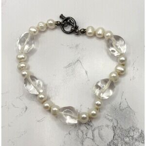 Classic Hand Knotted Cultured Pearl‎ Quartz Bracelet 8" Silver Toggle Estate